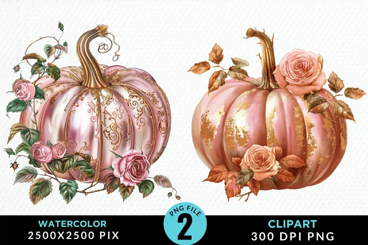 Watercolor Pink And Gold Pumpkin Clipart