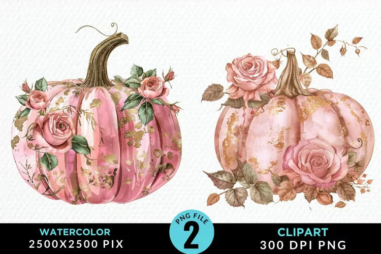 Watercolor Pink And Gold Pumpkin Art Clipart