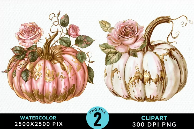 Watercolor Pink And Gold Pumpkin Clipart