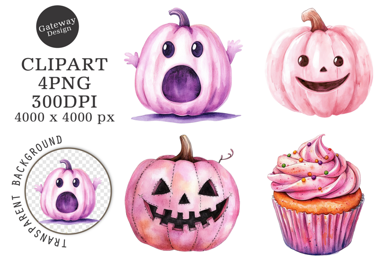 Watercolor Pink Halloween Clipart