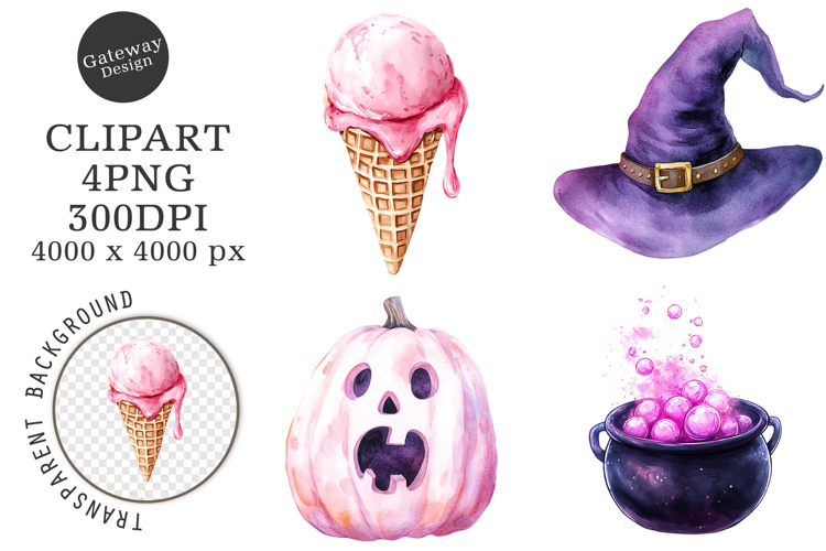 Watercolor Pink Halloween Clipart