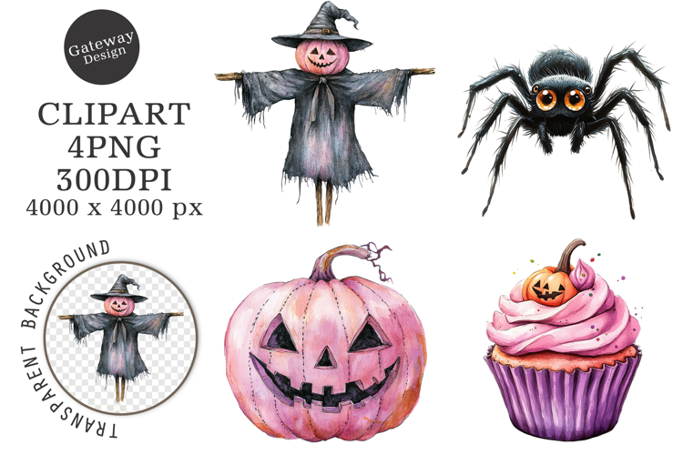 Watercolor Pink Halloween Clipart