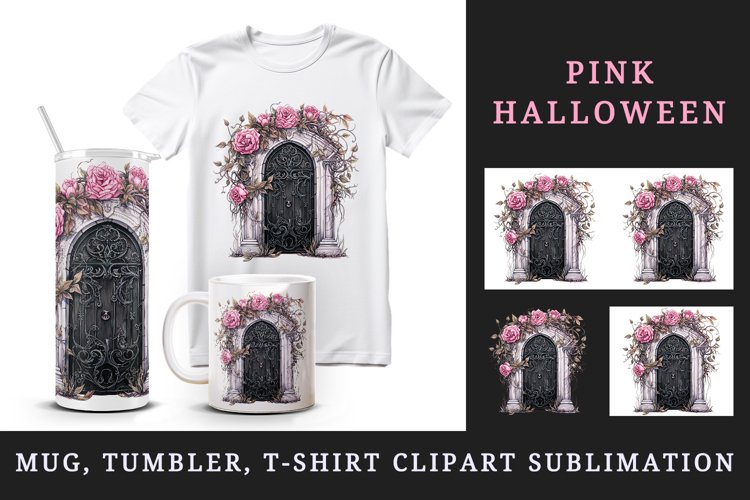 Watercolor Pink Halloween creaky door flowers roses autumn leaves 20 oz tumbler skinny mug wrap clipart t-shirt sublimation printable design