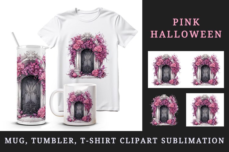 Watercolor Pink Halloween creaky door flowers roses autumn leaves 20 oz tumbler skinny mug wrap clipart t-shirt sublimation printable design