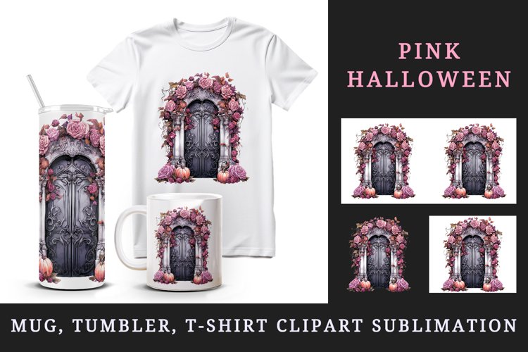 Watercolor Pink Halloween creaky door flowers roses pumpkins autumn leaves 20 oz tumbler skinny mug wrap clipart t-shirt sublimation printable design