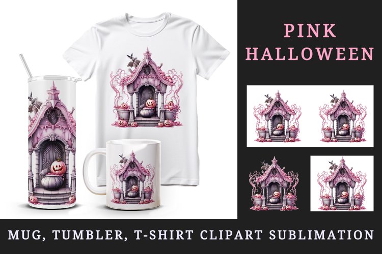 Watercolor Pink Halloween creaky door pumpkins carving house Jack-o-lantern 20 oz tumbler skinny mug wrap clipart t-shirt sublimation printable design