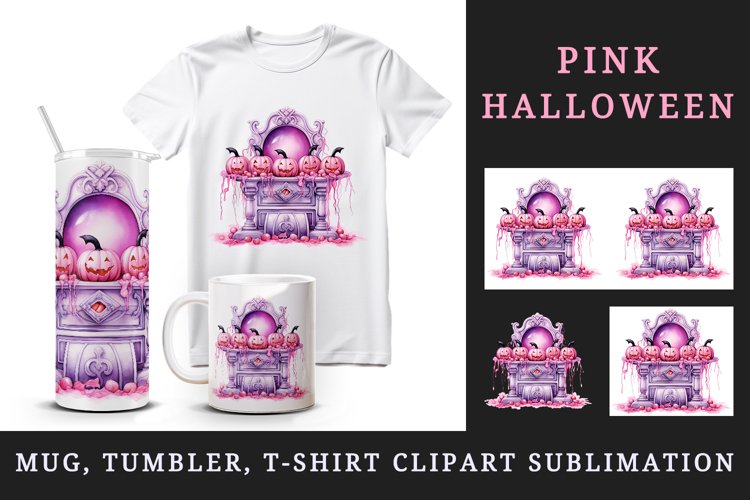 Watercolor pink Halloween fireplace pumpkins carving Jack-o-lantern print 20 oz tumbler skinny mug wrap clipart t-shirt sublimation printable design