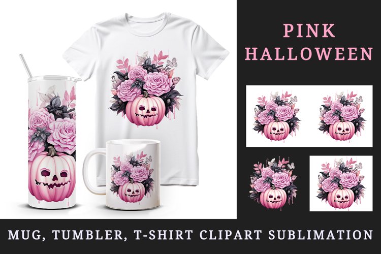 Watercolor Pink Halloween floral pumpkin flowers roses Jack-o-lantern 20 oz tumbler skinny mug wrap clipart t-shirt sublimation printable design