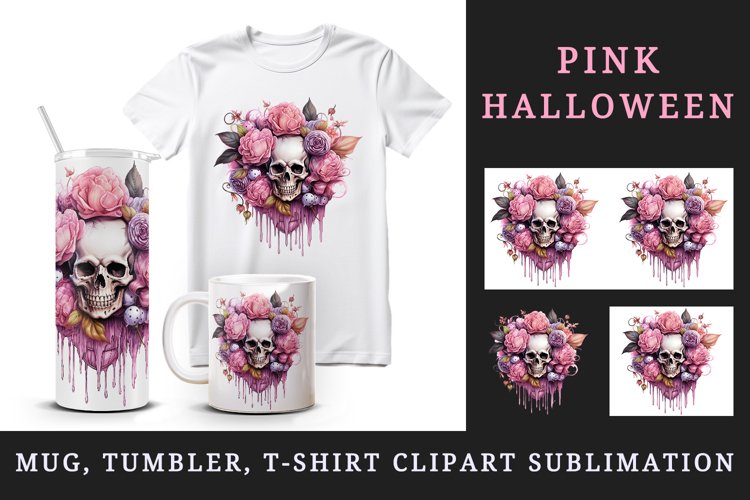 Watercolor Pink Halloween horror ghost flowers roses skull grim reaper 20 oz tumbler skinny mug wrap clipart t-shirt sublimation printable design