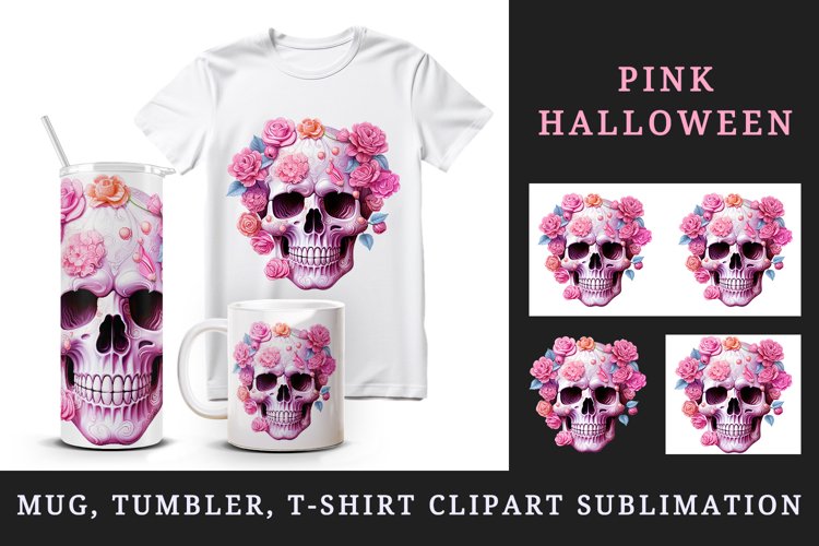 Watercolor Pink Halloween horror ghost flowers roses skull grim reaper 20 oz tumbler skinny mug wrap clipart t-shirt sublimation printable design