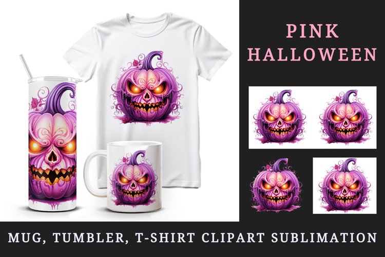 Watercolor Pink Halloween leaves horror pumpkin carving Jack-o-lantern 20 oz tumbler skinny mug wrap clipart t-shirt sublimation printable design