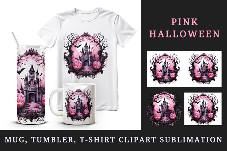 Watercolor Pink Halloween night pumpkins castle haunted house Jack-o-lantern 20 oz tumbler skinny mug wrap clipart t-shirt sublimation printable design