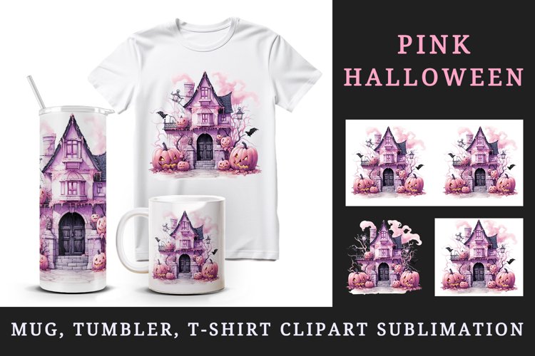 Watercolor Pink Halloween night pumpkins castle haunted house Jack-o-lantern 20oz tumbler skinny mug wrap clipart t-shirt sublimation printable design