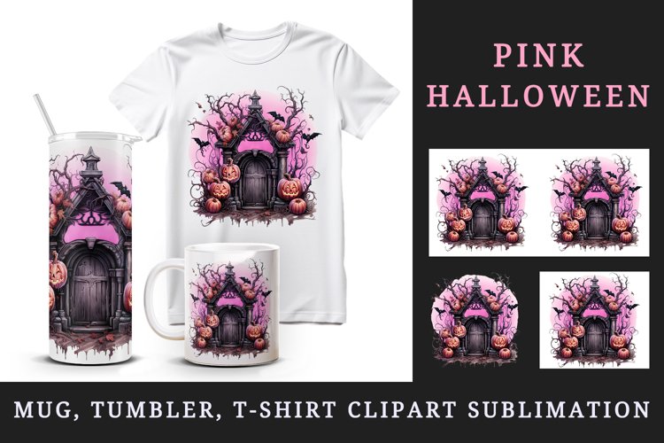 Watercolor Pink Halloween night pumpkins castle haunted house Jack-o-lantern 20oz tumbler skinny mug wrap clipart t-shirt sublimation printable design