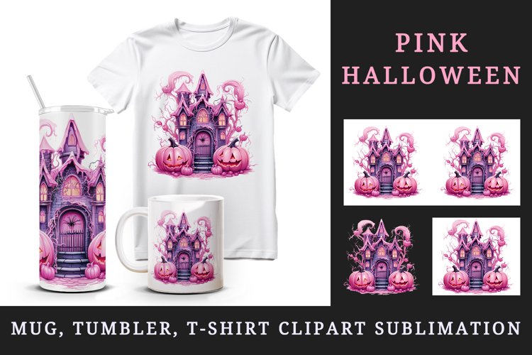 Watercolor Pink Halloween night pumpkins castle haunted house Jack-o-lantern 20oz tumbler skinny mug wrap clipart t-shirt sublimation printable design