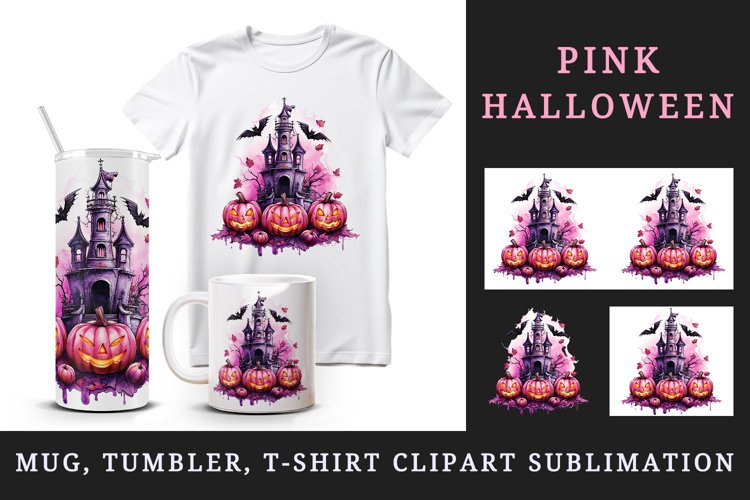 Watercolor Pink Halloween night pumpkins castle haunted house Jack-o-lantern 20oz tumbler skinny mug wrap clipart t-shirt sublimation printable design