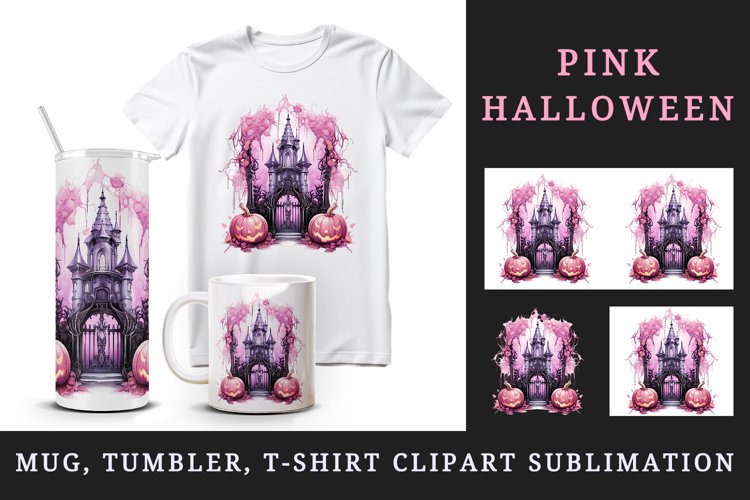 Watercolor Pink Halloween night pumpkins castle haunted house Jack-o-lantern 20oz tumbler skinny mug wrap clipart t-shirt sublimation printable design