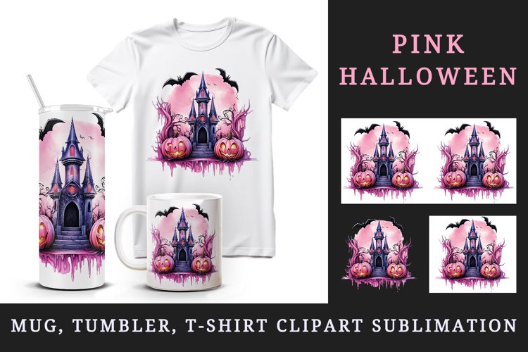 Watercolor Pink Halloween night pumpkins castle haunted house Jack-o-lantern 20oz tumbler skinny mug wrap clipart t-shirt sublimation printable design