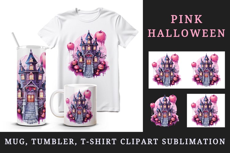 Watercolor Pink Halloween night pumpkins castle haunted house Jack-o-lantern 20oz tumbler skinny mug wrap clipart t-shirt sublimation printable design