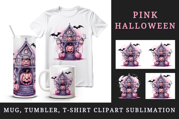 Watercolor Pink Halloween night pumpkins castle haunted house Jack-o-lantern 20oz tumbler skinny mug wrap clipart t-shirt sublimation printable design
