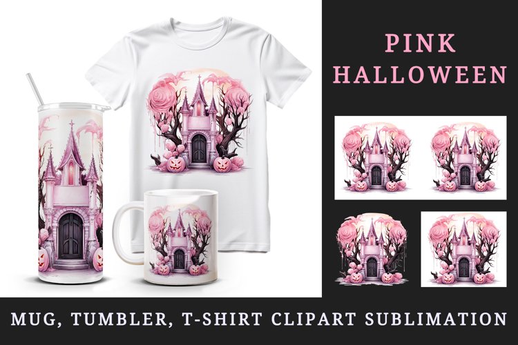 Watercolor Pink Halloween night pumpkins castle haunted house Jack-o-lantern 20oz tumbler skinny mug wrap clipart t-shirt sublimation printable design