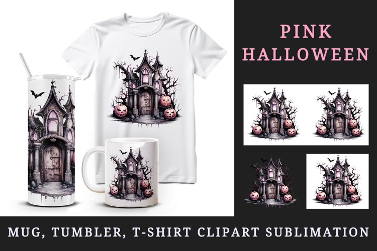 Watercolor Pink Halloween night pumpkins castle haunted house Jack-o-lantern 20oz tumbler skinny mug wrap clipart t-shirt sublimation printable design