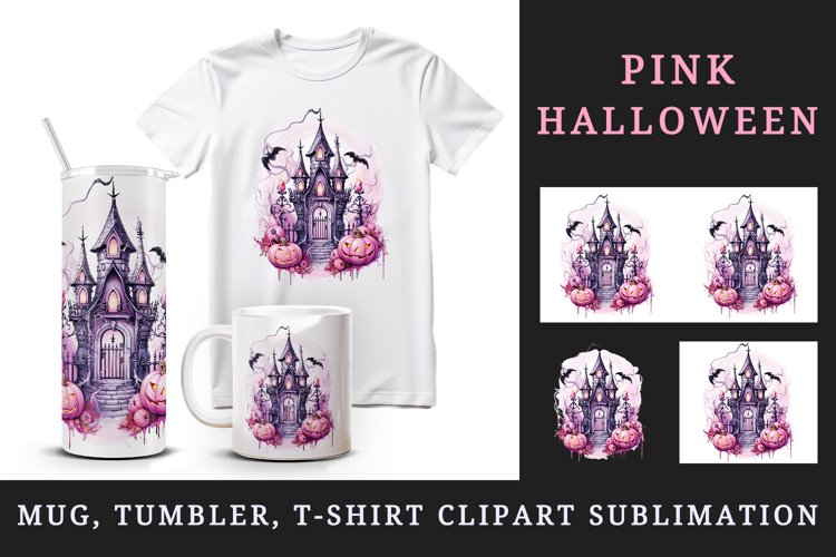 Watercolor Pink Halloween night pumpkins castle haunted house Jack-o-lantern 20oz tumbler skinny mug wrap clipart t-shirt sublimation printable design