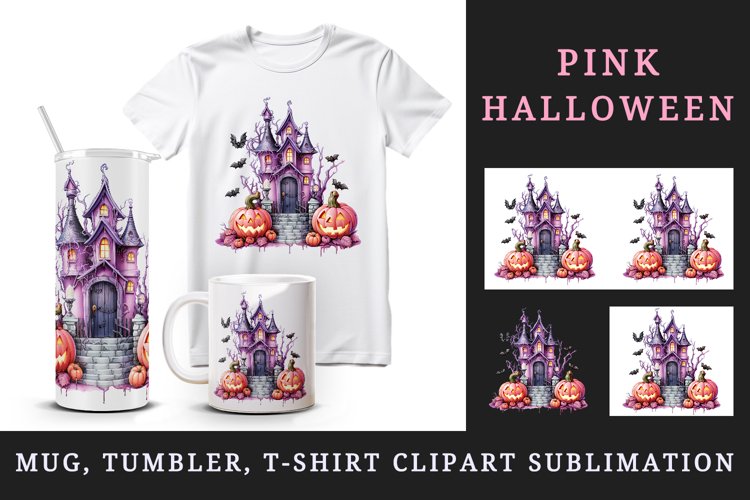 Watercolor Pink Halloween night pumpkins castle haunted house Jack-o-lantern 20oz tumbler skinny mug wrap clipart t-shirt sublimation printable design