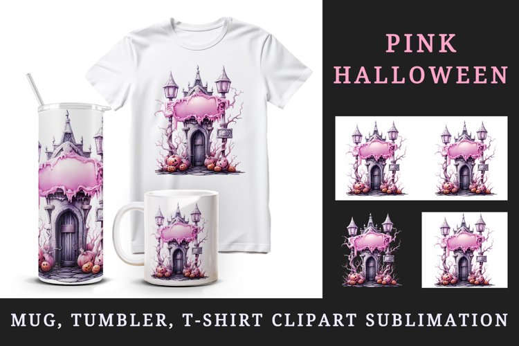 Watercolor Pink Halloween scary door pumpkins castle house Jack-o-lantern 20 oz tumbler skinny mug wrap clipart t-shirt sublimation printable design