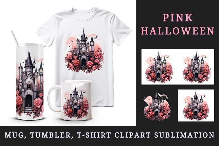 Watercolor Pink Halloween spooky castle haunted house flowers roses 20 oz tumbler skinny mug wrap clipart t-shirt sublimation printable design