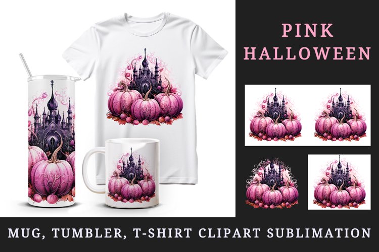 Watercolor Pink Halloween spooky castle haunted house leaves pumpkins 20 oz tumbler skinny mug wrap clipart t-shirt sublimation printable design