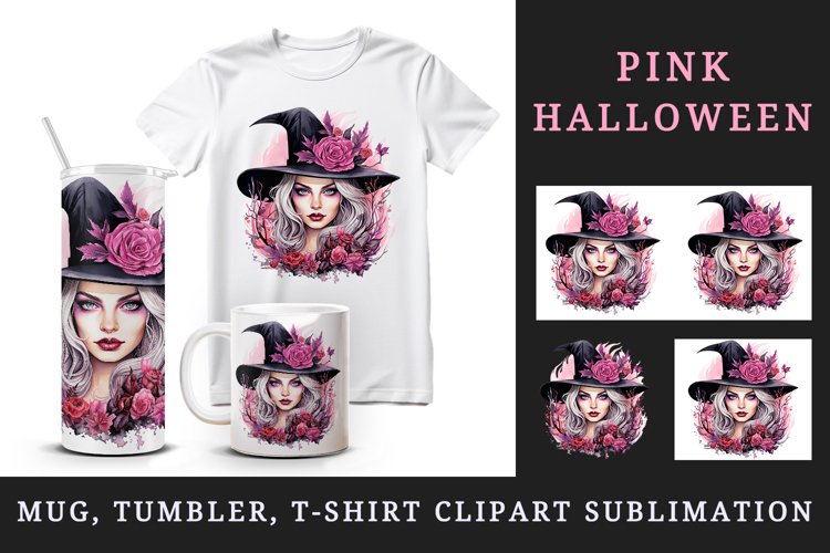 Watercolor Pink Halloween woman witch hat leaves flowers roses 20 oz tumbler skinny mug wrap clipart t-shirt sublimation printable design