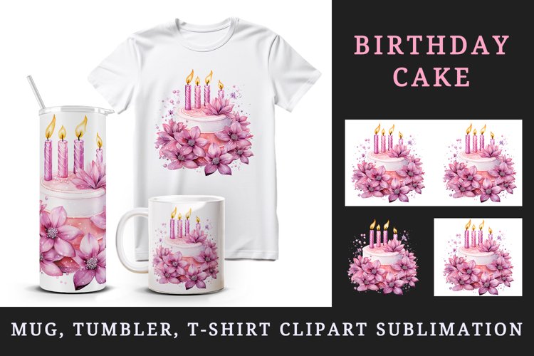 Watercolor pink happy birthday cake holiday wedding sparkle diamonds flowers 20oz tumbler skinny mug wrap clipart t-shirt sublimation printable design