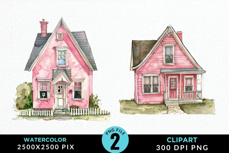 Watercolor Pink House Artwork Clipart