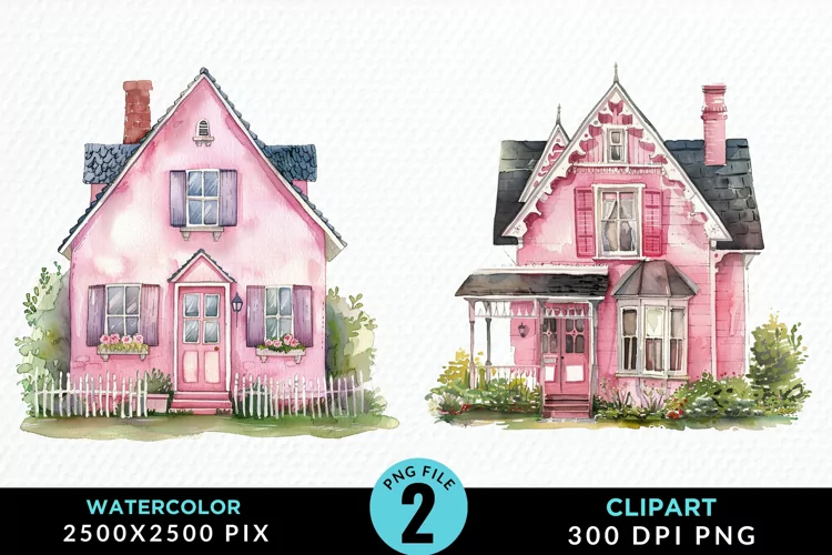 Watercolor Pink House Artwork Clipart