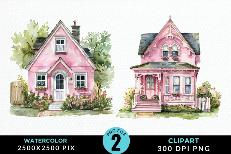 Watercolor Pink House Artwork Clipart