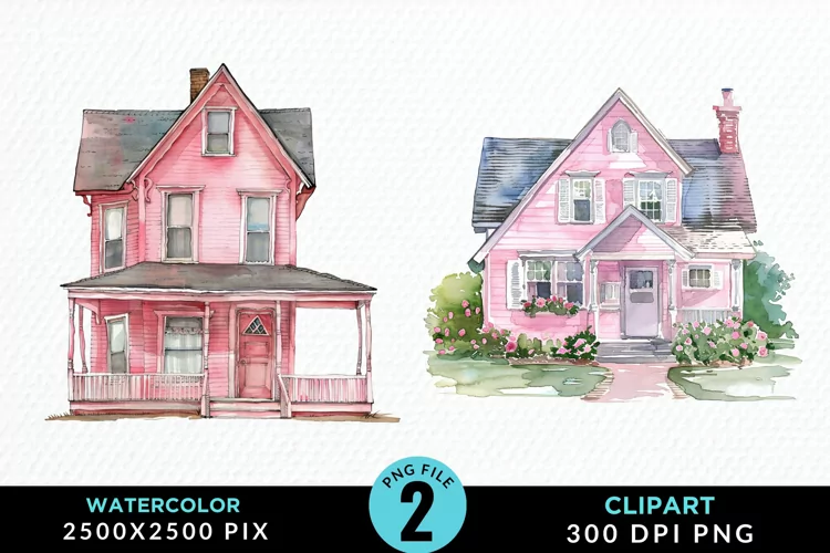 Watercolor Pink House Artwork Clipart