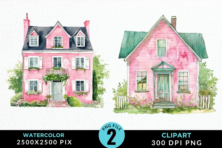Watercolor Pink House Artwork Clipart