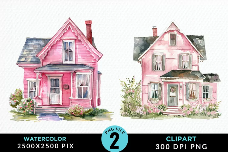 Watercolor Pink House Artwork Clipart