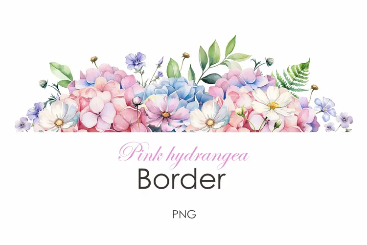 Watercolor pink hydrangea border