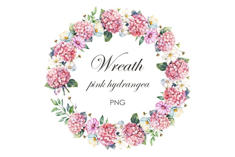 Watercolor  pink hydrangea wreath PNG