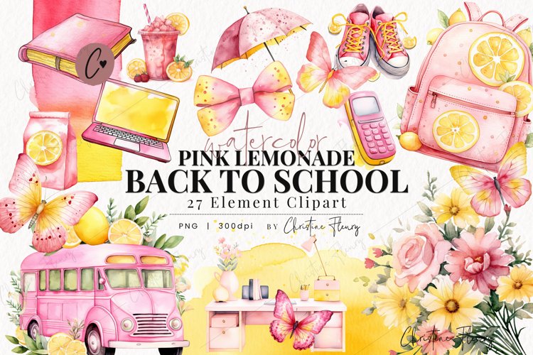 Watercolor Pink Lemonade Back to School Clipart