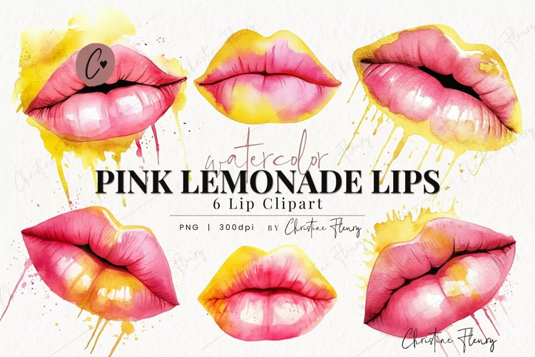 Watercolor Pink Lemonade Lips Clipart