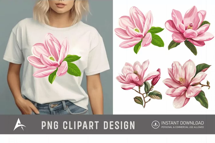 Watercolor Pink Magnolia Flower Clipart