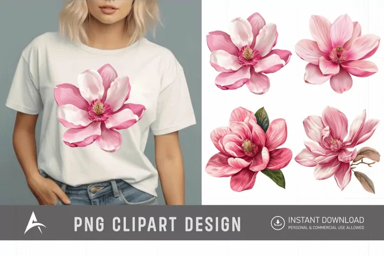 Watercolor Pink Magnolia Flower Clipart