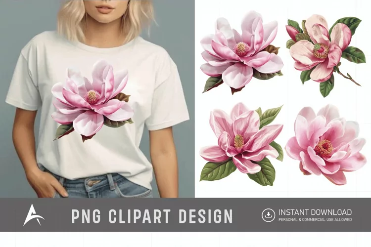 Watercolor Pink Magnolia Flower Clipart