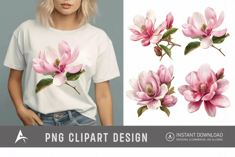 Watercolor Pink Magnolia Flower Clipart