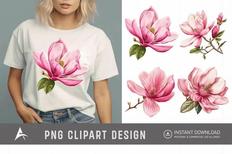 Watercolor Pink Magnolia Flower Clipart