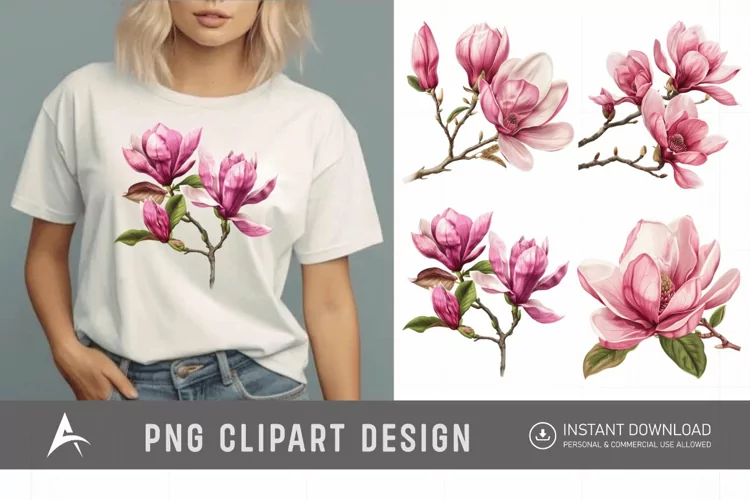 Watercolor Pink Magnolia Flower Clipart