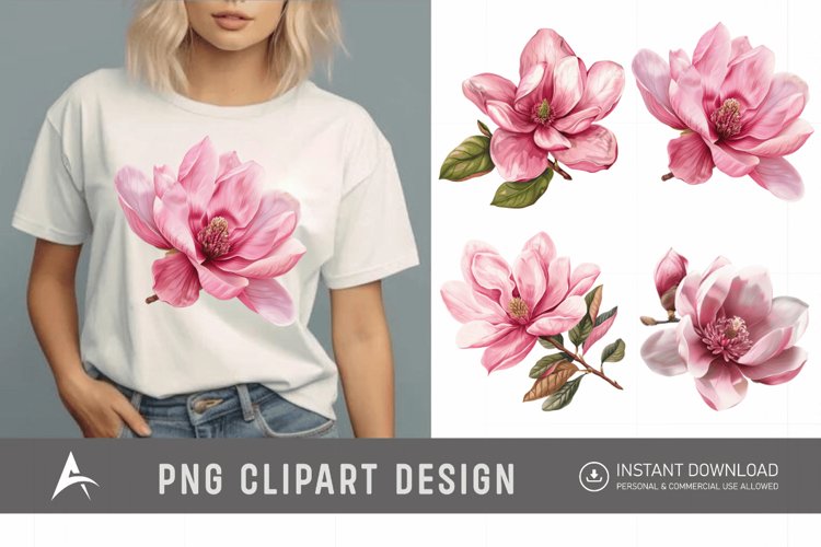 Watercolor Pink Magnolia Flower Clipart